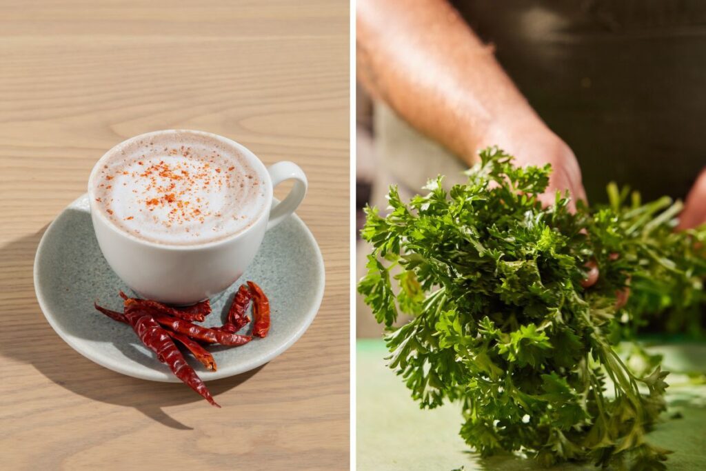 grid of two images from tabule. On the left, a labanese hot chocolate and on the right, a hand holding a bunch of herbs