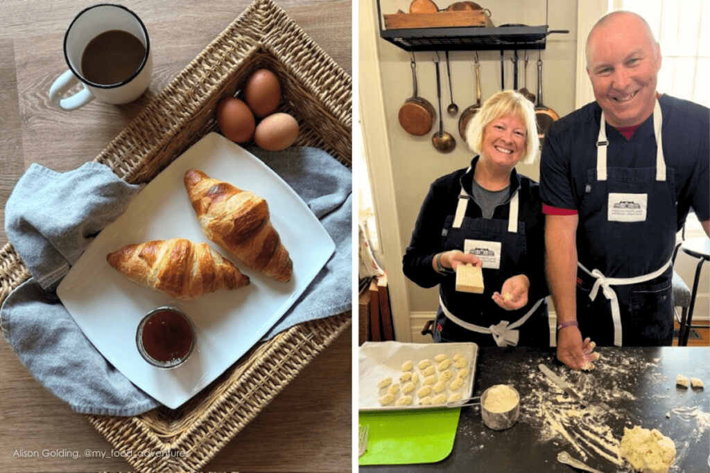 Grid of two photos from maison maitland: on the left, a breakfast tray with two freshly baked croissants and hard boiled eggs, and on the right, a couple smiling at the camera while making pasta from scratch