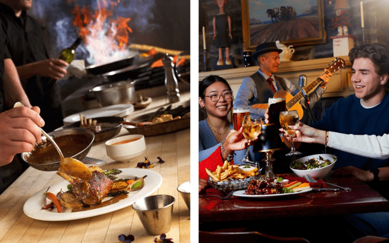 dinner being prepared at Waring House and a group of friends enjoying drinks
