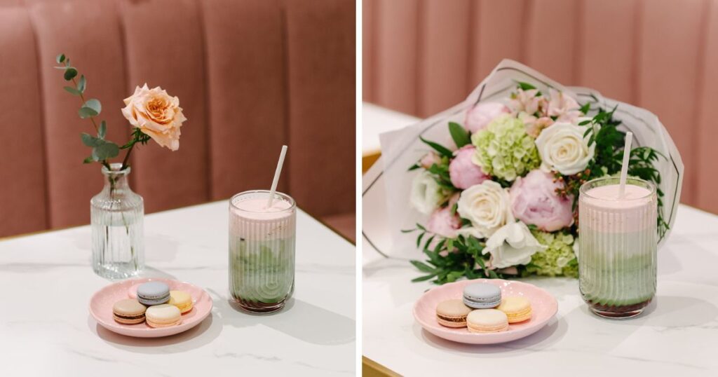 grid of two images from blossom moments featuring flowers, matcha and macarons